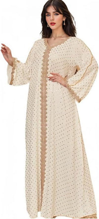 Boedaty Women Summer Muslim Abaya Dress One-Piece Embroidered V Neck Bronzing Kaftan Dress Full Length Party Dress