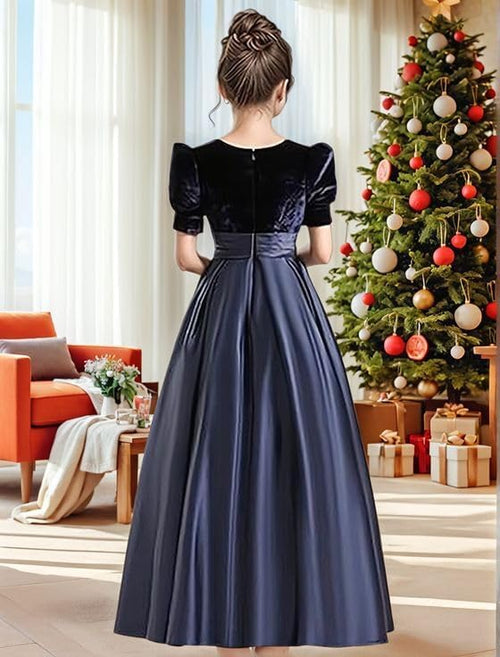Velvet Flower Girl Dresses A-Line Pageant Princes Satin Ball Gowns with Bow Long Puffy Sleeve First Communion Dress