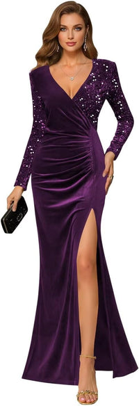 V Neck Velvet Formal Dresses Long for Women Sparkly Sequin 2026 Pleated Mermaid Long Sleeves Bridesmaid Dress OL010