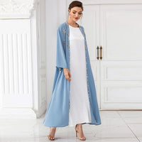 Muslim Abaya Long Sleeve Open Front Rhinestones Kaftan Cardigan Maxi Dress for Women with Belt