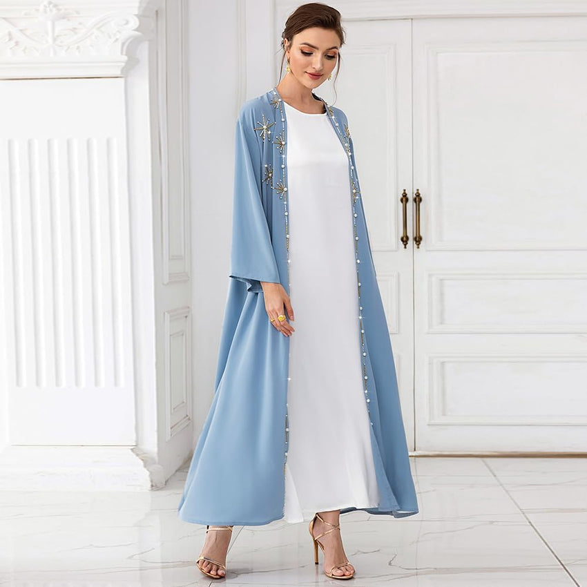 Muslim Abaya Long Sleeve Open Front Rhinestones Kaftan Cardigan Maxi Dress for Women with Belt