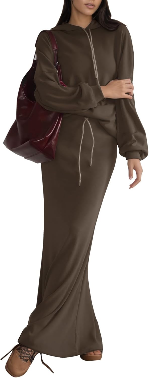 EXLURA Women 2 Piece Outfits Fall Airport Long Sleeve Hoodies Matching Long Skirt Dress Sweatsuits Lounge Sets Winter 2025