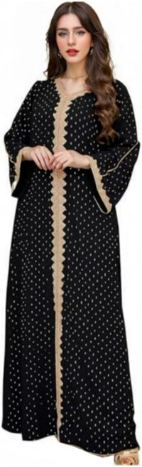 Boedaty Women Summer Muslim Abaya Dress One-Piece Embroidered V Neck Bronzing Kaftan Dress Full Length Party Dress