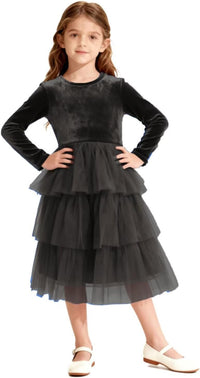 Christmas Dress Girls Velvet Tulle Puffy Long Sleeve Formal Party Dresses Princess Birthday Wedding Guest Dress