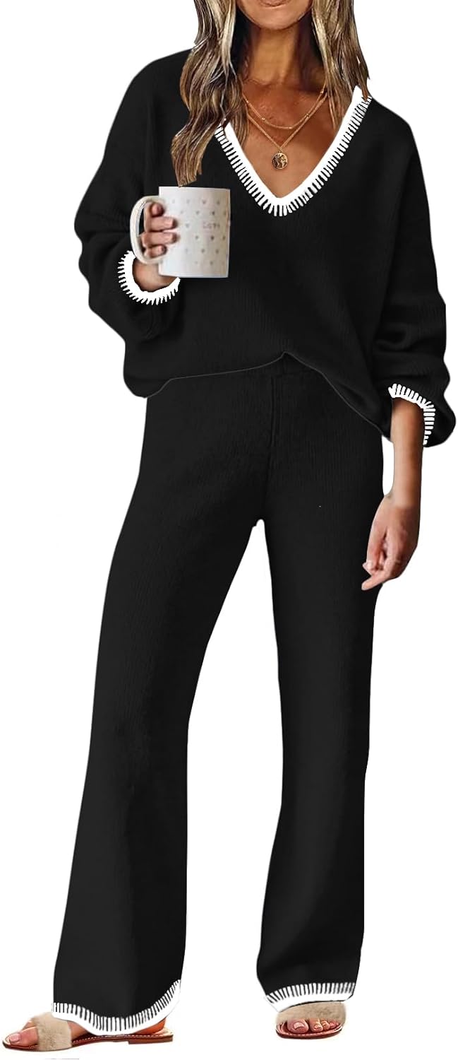 ETCYY NEW Womens 2 Piece Outfits Sweater Lounge Set Casual V Neck Knit Pajama Set Long Sleeve Top Wide Leg Pants Loungewear