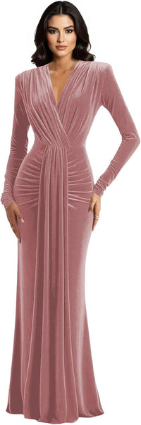Long Sleeve Velvet Bridesmaid Dress with Tie 2026 V Neck Mermaid Maxi Formal Evening Dress AS010