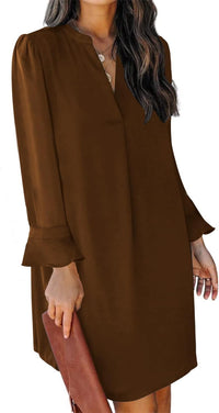 QACOHU Fall Dresses for Women 2025 Casual V Neck Long Sleeves Flowy Mini Tunic Dress