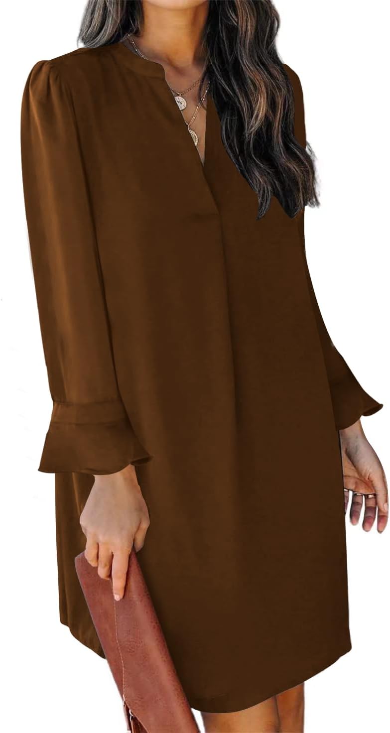 QACOHU Fall Dresses for Women 2025 Casual V Neck Long Sleeves Flowy Mini Tunic Dress