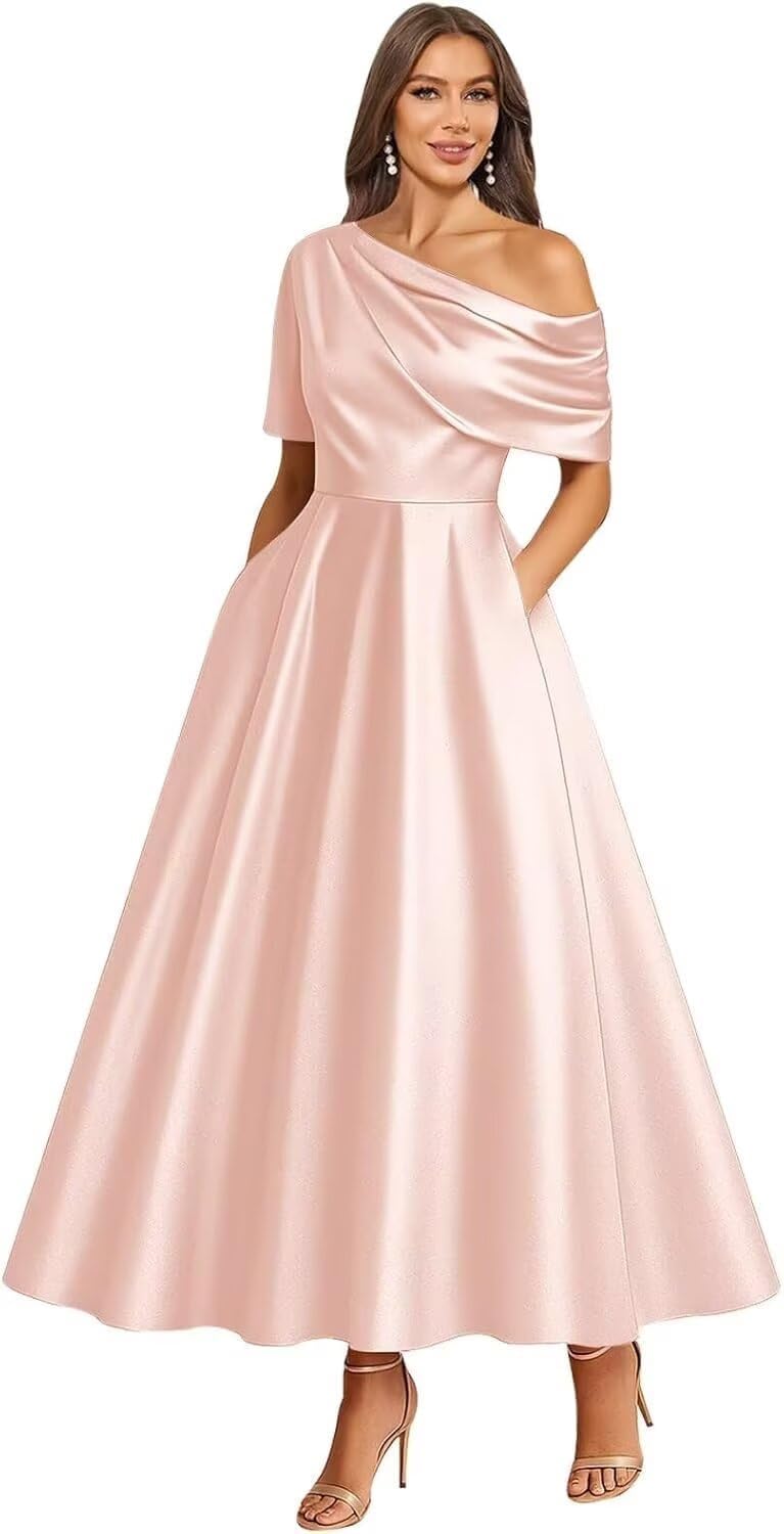 Tea Length Mother of Bride Dresses for Women Satin One Shoulder Wedding Guest Dress Formal Evening Party Gown with Pocket