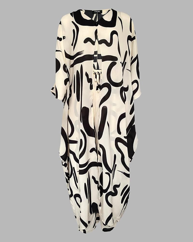 CHICME Women's 2 Piece Outfits 2025 Abstract Print Batwing Sleeve V Neck Top with High Slit and Loose Wide Leg Pants Set