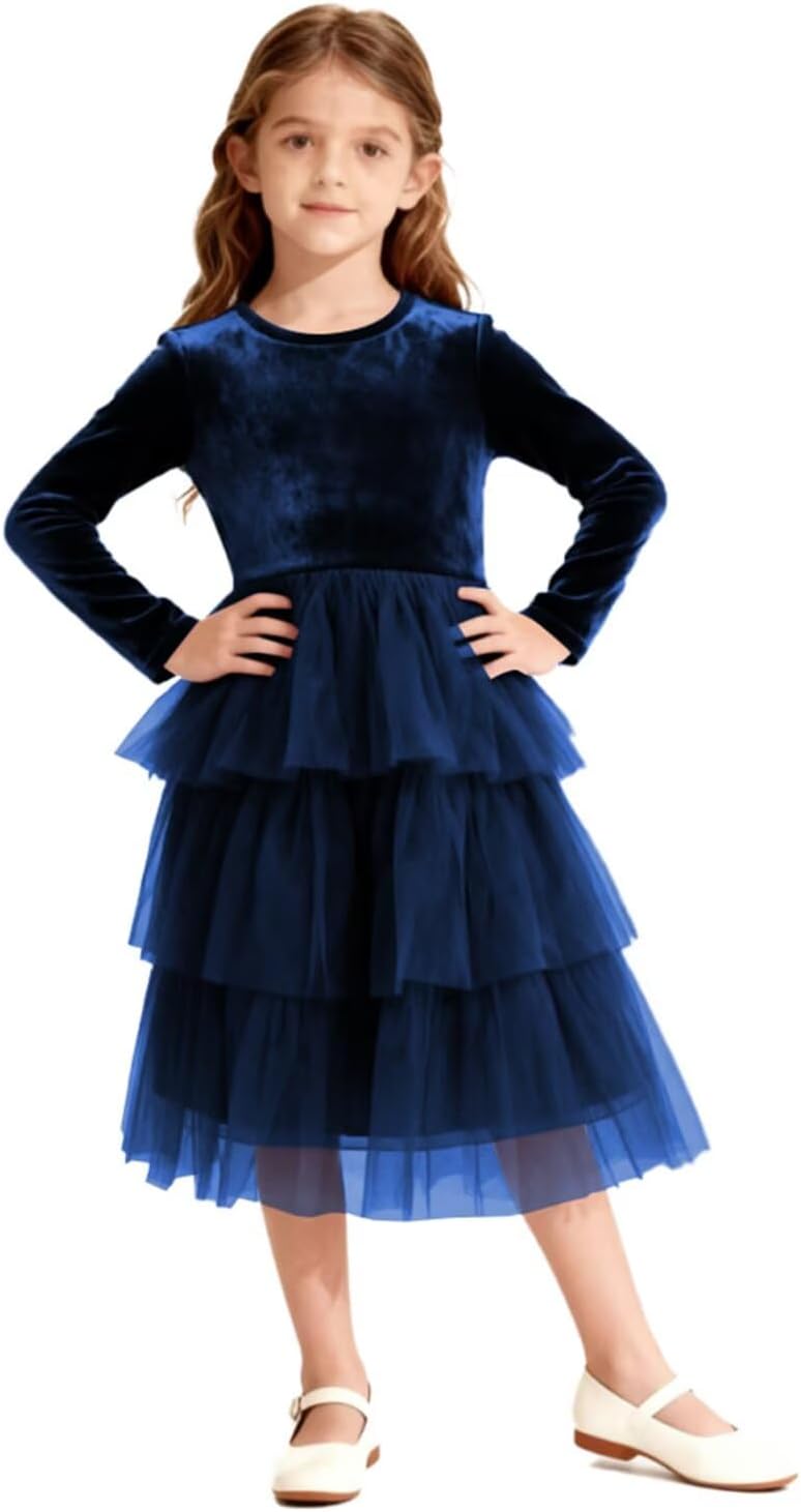 Christmas Dress Girls Velvet Tulle Puffy Long Sleeve Formal Party Dresses Princess Birthday Wedding Guest Dress