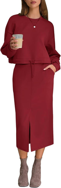 EXLURA Womens 2 Piece Skirts Set Fall Airport Drawstring Sweatshirts Midi Skirt Dress Lounge Sets Travel Outfits Winter 2025