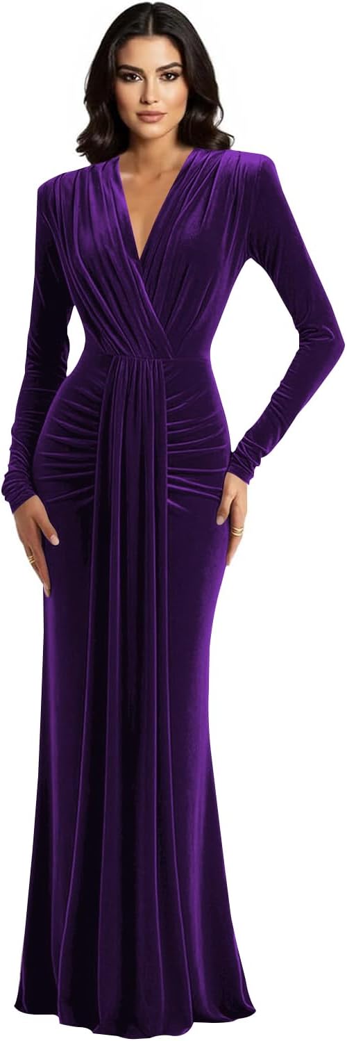 Long Sleeve Velvet Bridesmaid Dress with Tie 2026 V Neck Mermaid Maxi Formal Evening Dress AS010