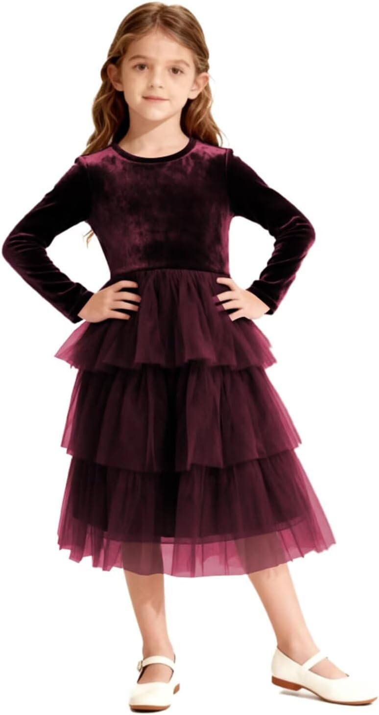 Christmas Dress Girls Velvet Tulle Puffy Long Sleeve Formal Party Dresses Princess Birthday Wedding Guest Dress