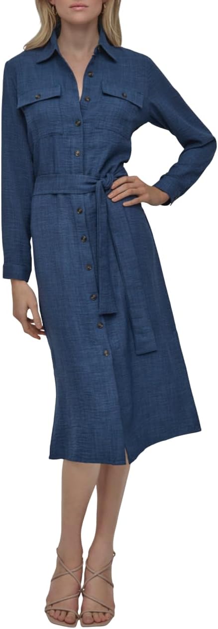 DKNY Womens Long Sleeve Collared Tie Midi Shirtdress
