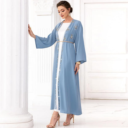 Muslim Abaya Long Sleeve Open Front Rhinestones Kaftan Cardigan Maxi Dress for Women with Belt