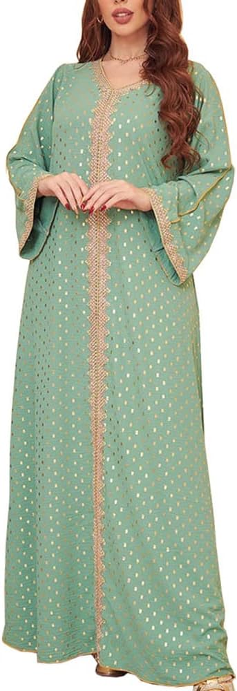 FPOVFPO Women's Muslim Abaya One-Piece V Neck Bronzing Dress Islamic Full Length Kaftan Daily Casual