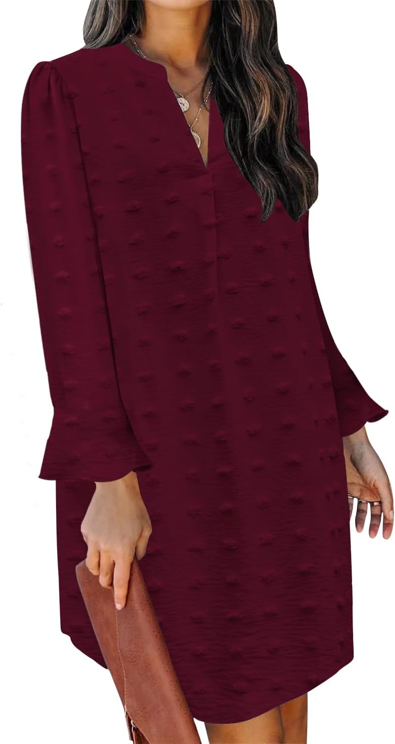 QACOHU Fall Dresses for Women 2025 Casual V Neck Long Sleeves Flowy Mini Tunic Dress