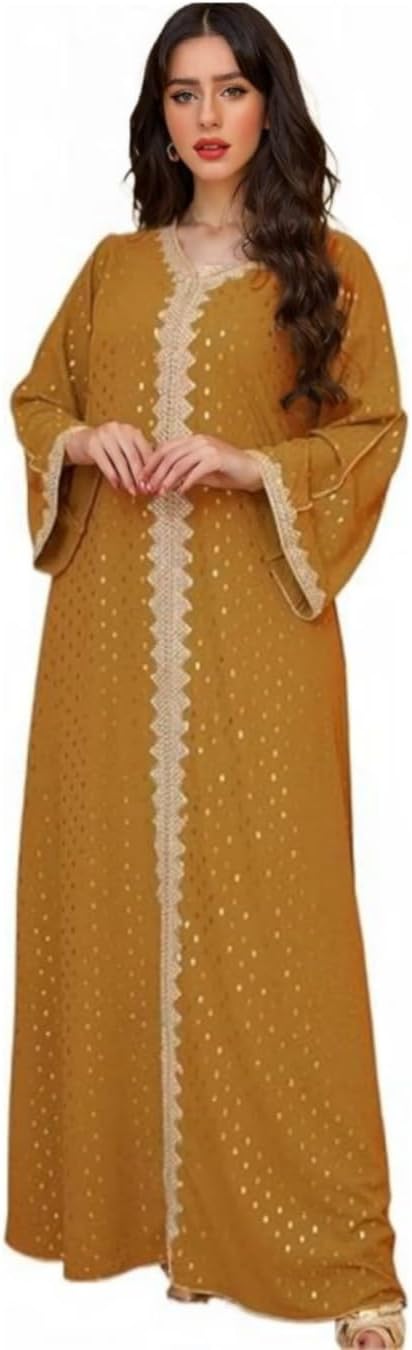 Boedaty Women Summer Muslim Abaya Dress One-Piece Embroidered V Neck Bronzing Kaftan Dress Full Length Party Dress