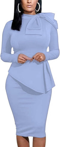 Women's Peplum Bodycon Long Sleeve Wear to Work Dresses Bow Party Club Ruffle Formal Cocktail Pencil Dress