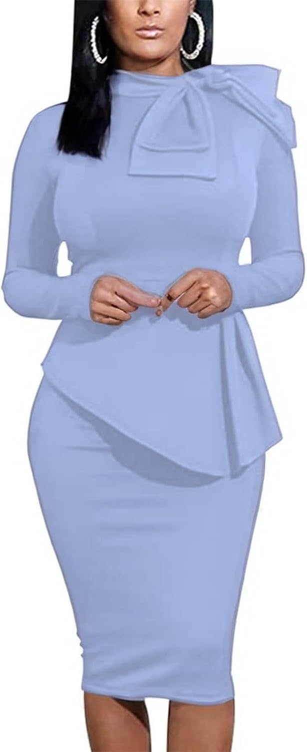 Women's Peplum Bodycon Long Sleeve Wear to Work Dresses Bow Party Club Ruffle Formal Cocktail Pencil Dress