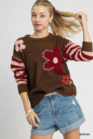 Umgee Flower Jacquard Striped Long Sleeve Sweater