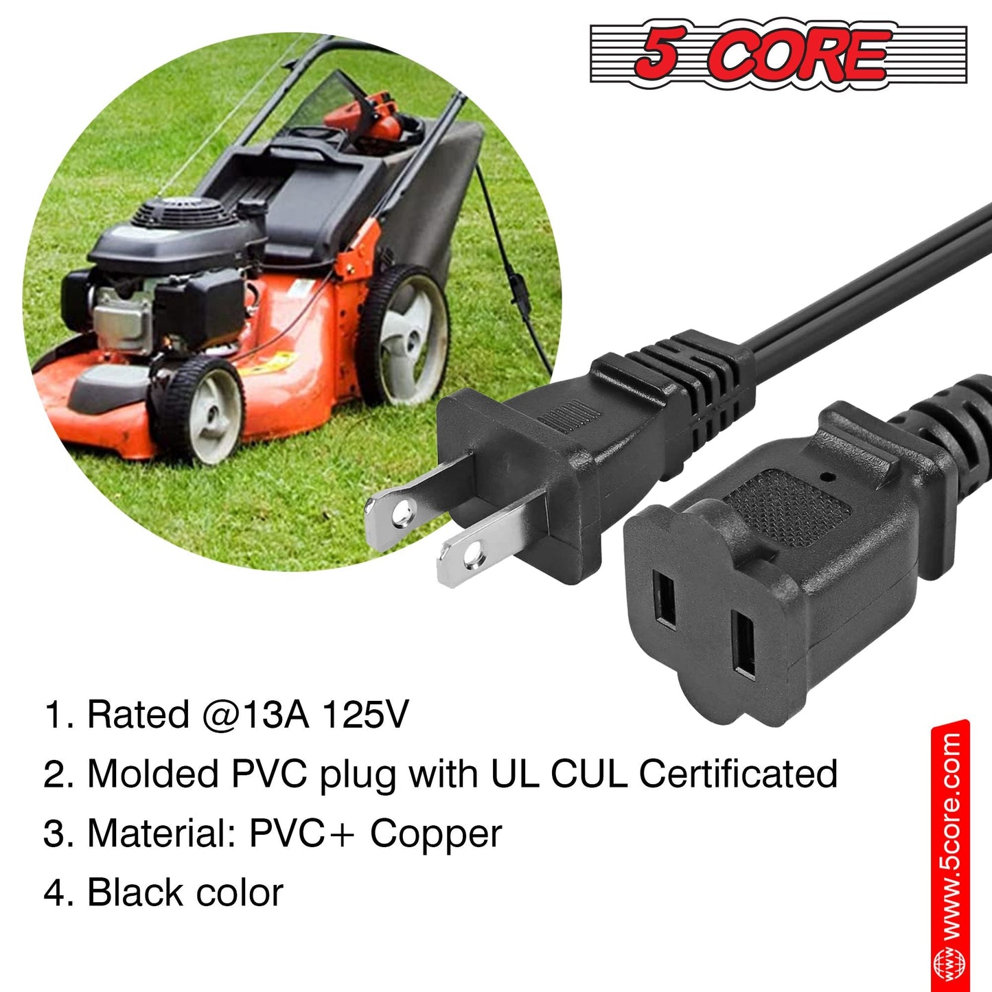 5Core AC Power Cord 15 Ft US Polarized Male to Female 2 Prong Extension Adapter Cords 16AWG 125V 1/2/12 Pc - EXC BLK 15FT - 7DAY'S