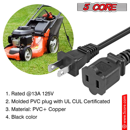 5Core AC Power Cord 15 Ft US Polarized Male to Female 2 Prong Extension Adapter Cords 16AWG 125V 1/2/12 Pc - EXC BLK 15FT - 7DAY'S