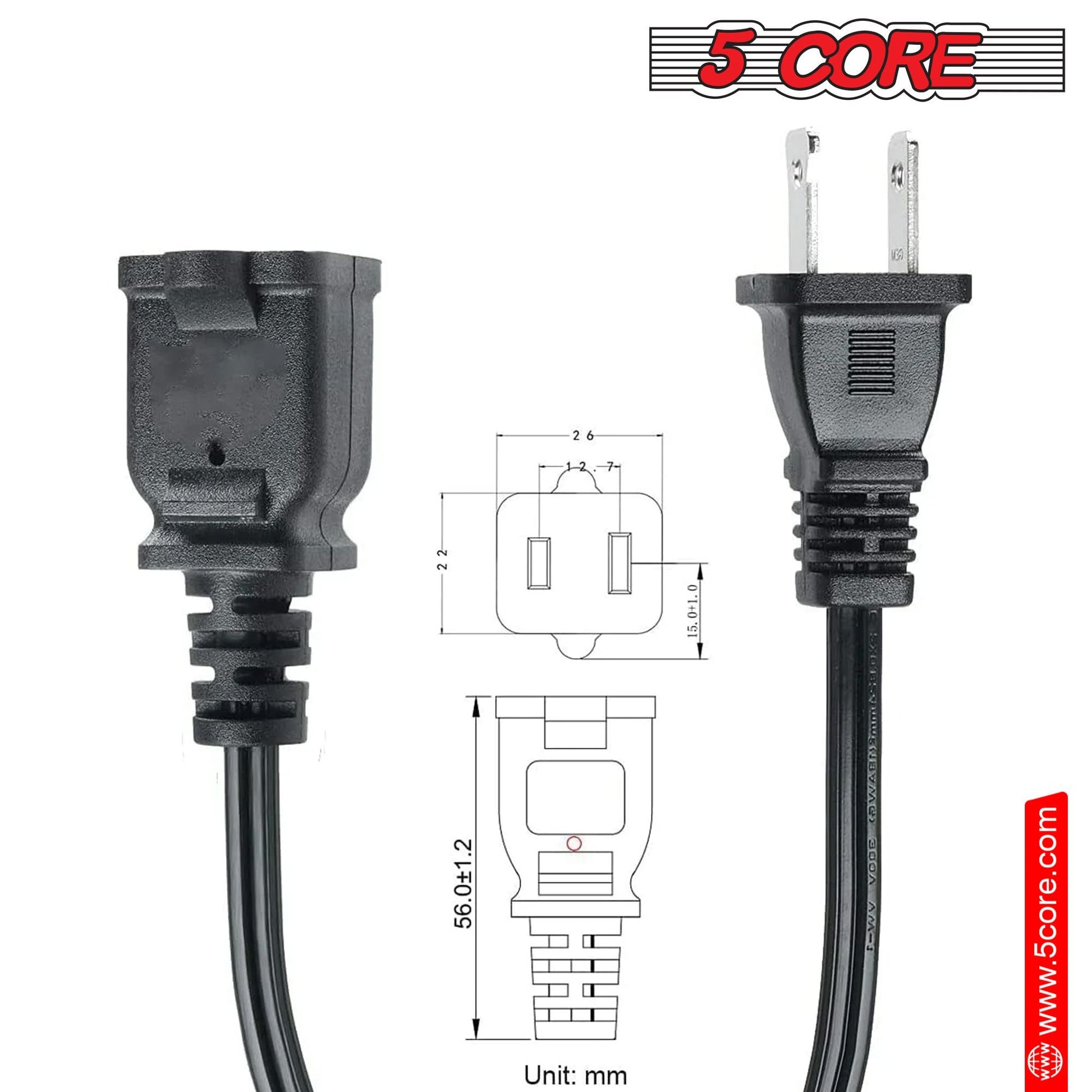 5Core AC Power Cord 15 Ft US Polarized Male to Female 2 Prong Extension Adapter Cords 16AWG 125V 1/2/12 Pc - EXC BLK 15FT - 7DAY'S