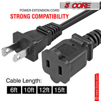 5Core AC Power Cord 15 Ft US Polarized Male to Female 2 Prong Extension Adapter Cords 16AWG 125V 1/2/12 Pc - EXC BLK 15FT - 7DAY'S