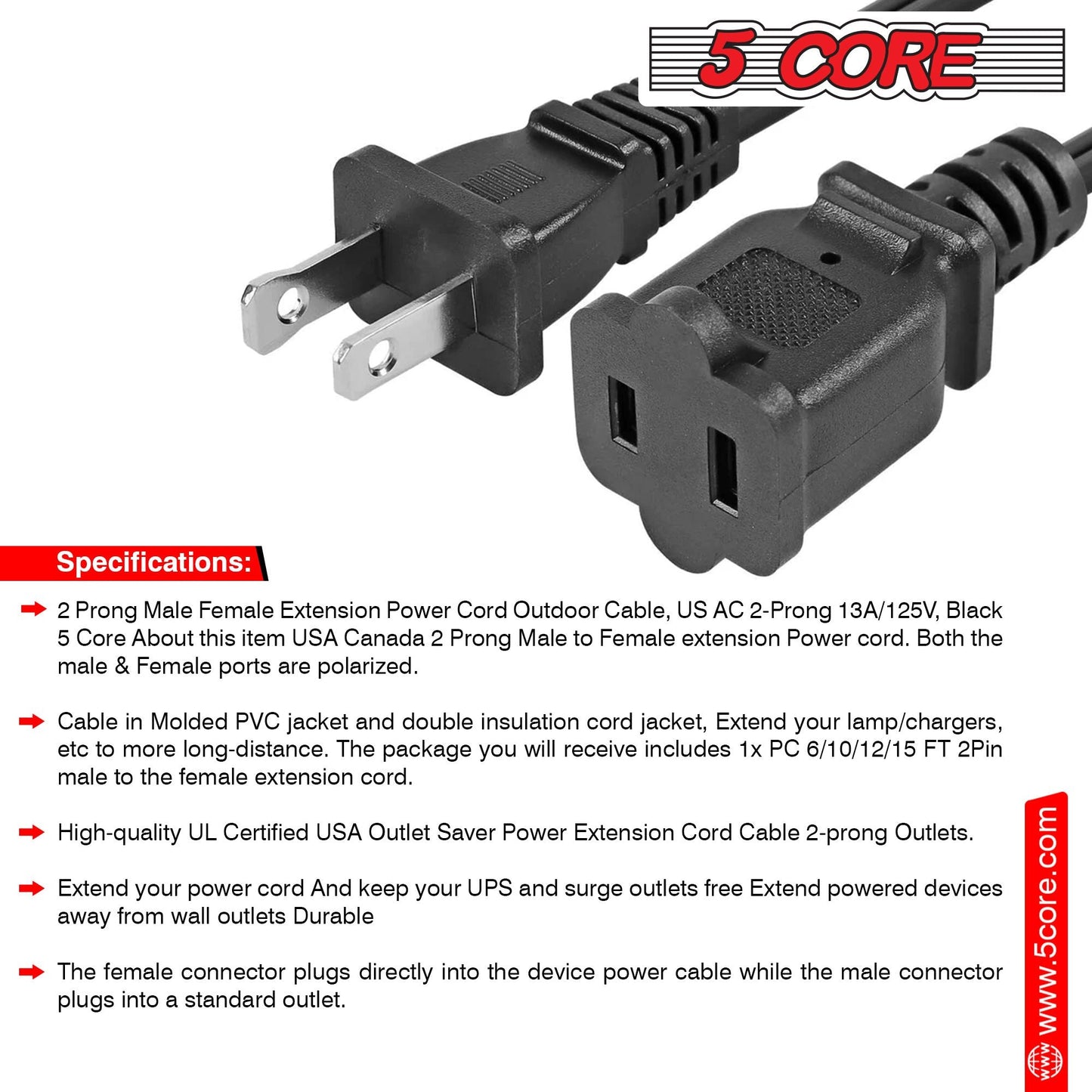5Core AC Power Cord 15 Ft US Polarized Male to Female 2 Prong Extension Adapter Cords 16AWG 125V 1/2/12 Pc - EXC BLK 15FT - 7DAY'S