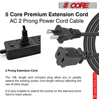 5Core AC Power Cord 15 Ft US Polarized Male to Female 2 Prong Extension Adapter Cords 16AWG 125V 1/2/12 Pc - EXC BLK 15FT - 7DAY'S
