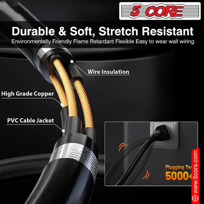 5Core AC Power Cord 15 Ft US Polarized Male to Female 2 Prong Extension Adapter Cords 16AWG 125V 1/2/12 Pc - EXC BLK 15FT - 7DAY'S