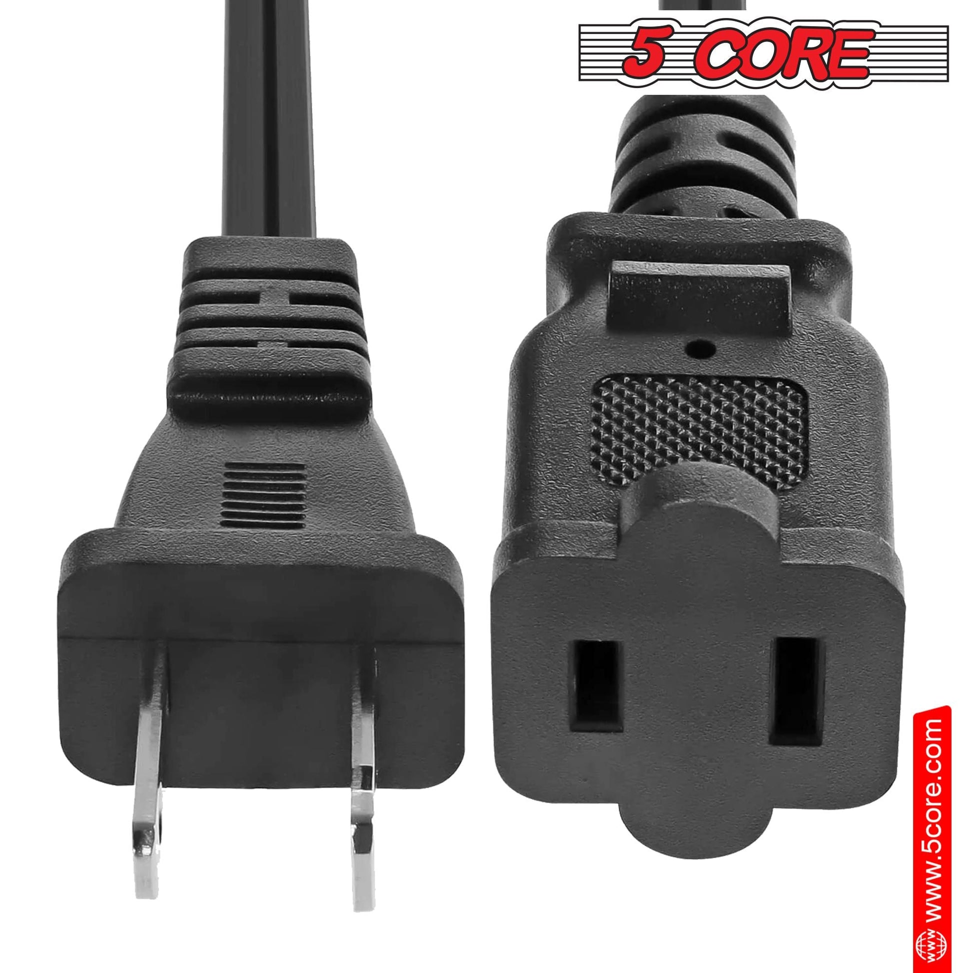 5Core AC Power Cord 15 Ft US Polarized Male to Female 2 Prong Extension Adapter Cords 16AWG 125V 1/2/12 Pc - EXC BLK 15FT - 7DAY'S