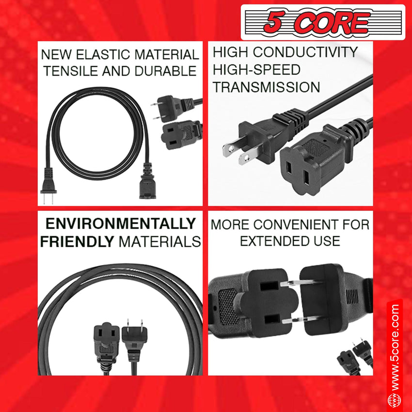 5Core AC Power Cord 15 Ft US Polarized Male to Female 2 Prong Extension Adapter Cords 16AWG 125V 1/2/12 Pc - EXC BLK 15FT - 7DAY'S