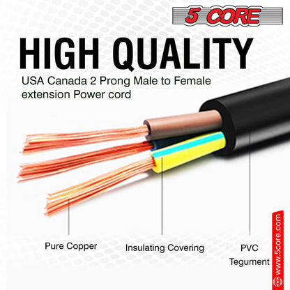 5Core AC Power Cord 15 Ft US Polarized Male to Female 2 Prong Extension Adapter Cords 16AWG 125V 1/2/12 Pc - EXC BLK 15FT - 7DAY'S