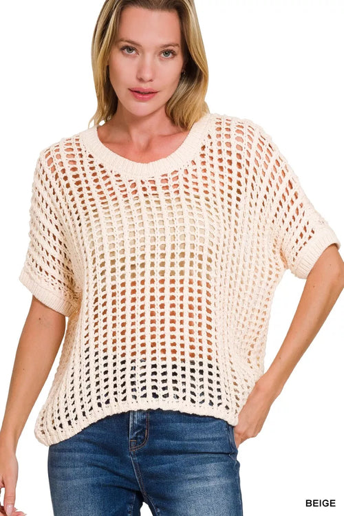 Zenana Fish Net Short Sleeve Crochet Knit Cover Up