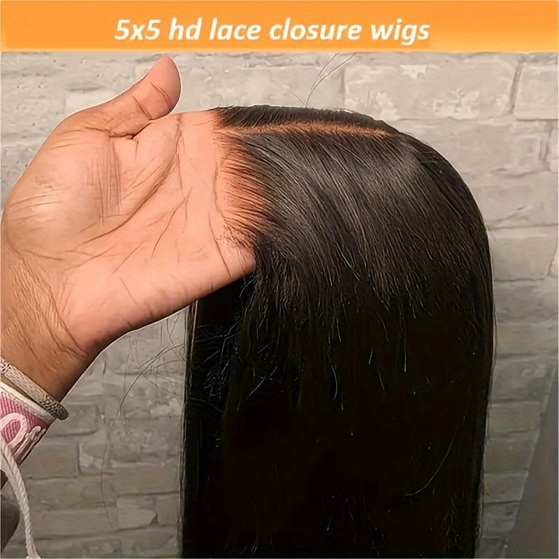 5x5 HD Lace Glueless Closure Wig - Human Hair Straight Pre Plucked Pre Cut No Glue 3 Seconds to Wear - Transparent Lace Front Wigs for Women 180 Density Pre Bleached Knots - 7DAY'S