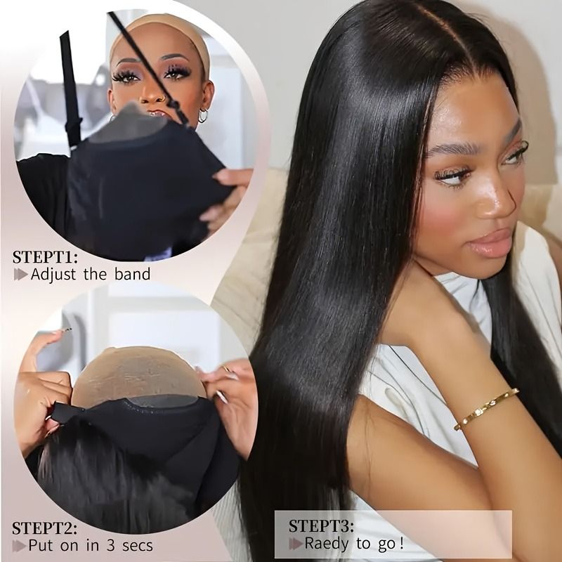 5x5 HD Lace Glueless Closure Wig - Human Hair Straight Pre Plucked Pre Cut No Glue 3 Seconds to Wear - Transparent Lace Front Wigs for Women 180 Density Pre Bleached Knots - 7DAY'S