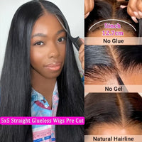 5x5 HD Lace Glueless Closure Wig - Human Hair Straight Pre Plucked Pre Cut No Glue 3 Seconds to Wear - Transparent Lace Front Wigs for Women 180 Density Pre Bleached Knots - 7DAY'S