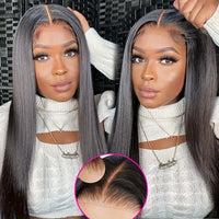 5x5 HD Lace Glueless Closure Wig - Human Hair Straight Pre Plucked Pre Cut No Glue 3 Seconds to Wear - Transparent Lace Front Wigs for Women 180 Density Pre Bleached Knots - 7DAY'S