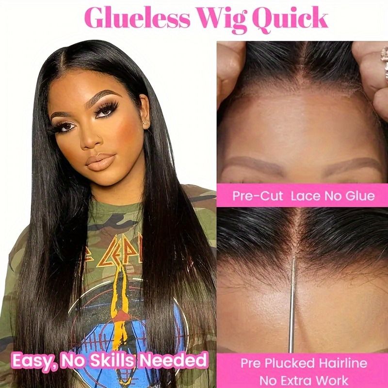 5x5 HD Lace Glueless Closure Wig - Human Hair Straight Pre Plucked Pre Cut No Glue 3 Seconds to Wear - Transparent Lace Front Wigs for Women 180 Density Pre Bleached Knots - 7DAY'S