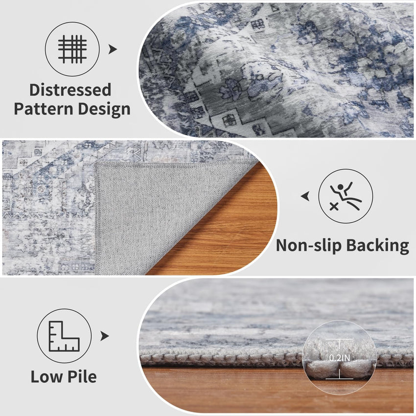 5x7 Area Rugs for Living Room, Machine Washable Non Slip Rug Modern Distressed Moroccan Indoor Area Rug Carpet Ultra Soft Rugs for Bedroom Dining Room Playroom Office, Blue - 7DAY'S