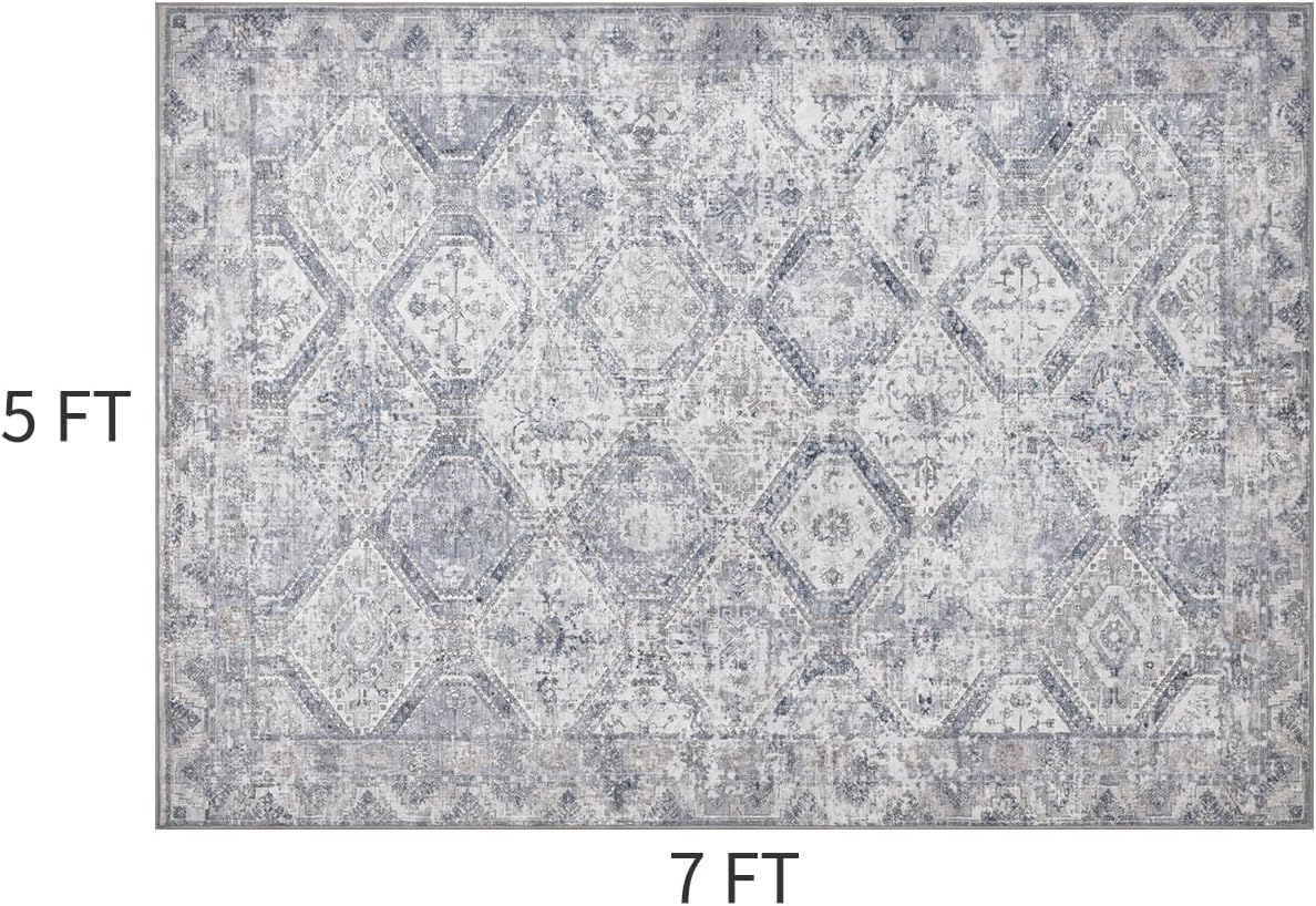 5x7 Area Rugs for Living Room, Machine Washable Non Slip Rug Modern Distressed Moroccan Indoor Area Rug Carpet Ultra Soft Rugs for Bedroom Dining Room Playroom Office, Blue - 7DAY'S