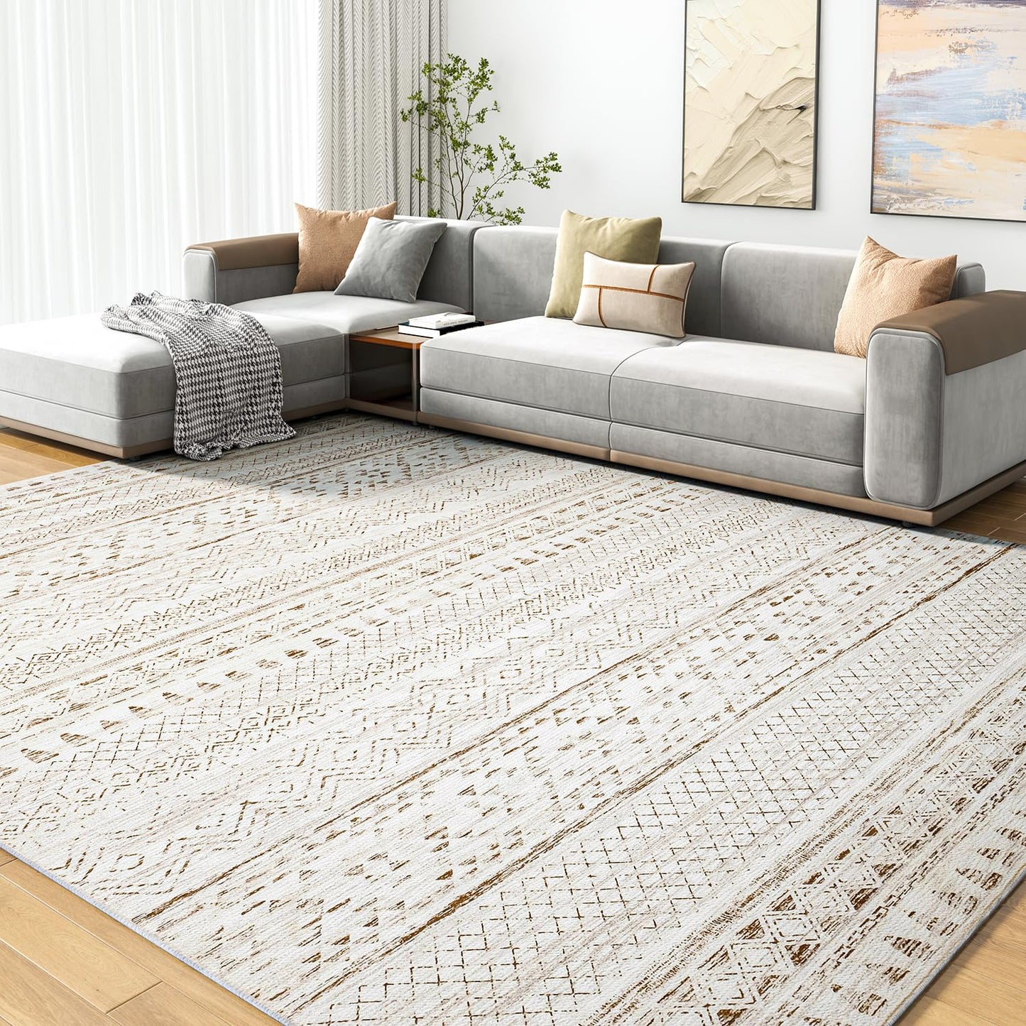 5x7 Area Rugs - Soft, Washable Neutral Boho Carpet for Living, Bedroom, Dining & Play Rooms - Indoor Brown - 7DAY'S