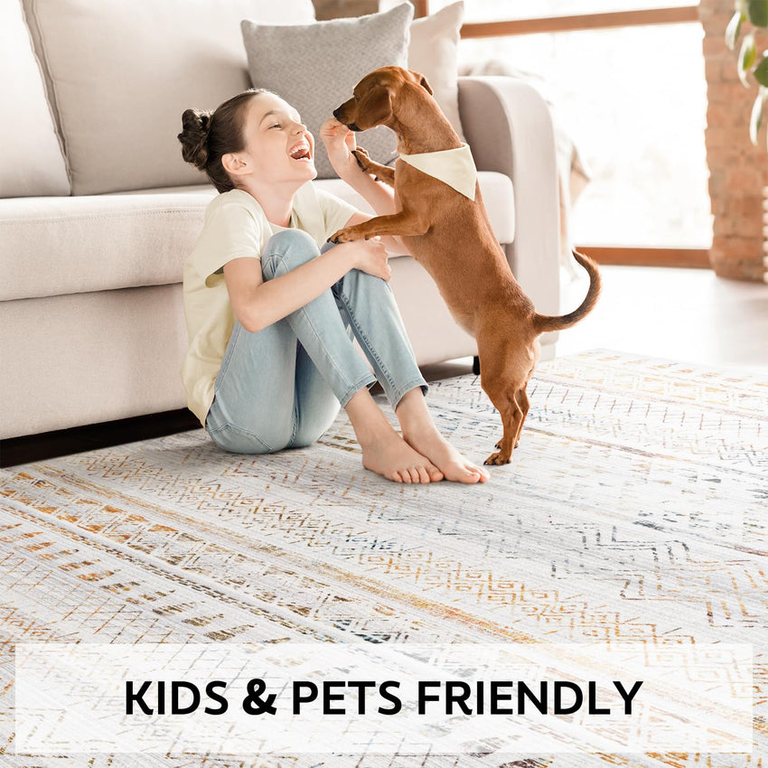 5x7 Area Rugs - Soft, Washable Neutral Boho Carpet for Living, Bedroom, Dining & Play Rooms - Indoor Brown - 7DAY'S