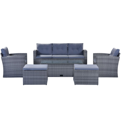 6 - piece All - Weather Wicker PE rattan Patio Outdoor Dining Conversation Sectional Set with coffee table, wicker sofas, ottomans, removable cushions (Black wicker, Beige cushion) - 7DAY'S