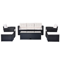 6 - piece All - Weather Wicker PE rattan Patio Outdoor Dining Conversation Sectional Set with coffee table, wicker sofas, ottomans, removable cushions (Black wicker, Beige cushion) - 7DAY'S