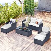 6 - piece All - Weather Wicker PE rattan Patio Outdoor Dining Conversation Sectional Set with coffee table, wicker sofas, ottomans, removable cushions (Black wicker, Beige cushion) - 7DAY'S