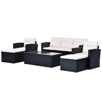 6 - piece All - Weather Wicker PE rattan Patio Outdoor Dining Conversation Sectional Set with coffee table, wicker sofas, ottomans, removable cushions (Black wicker, Beige cushion) - 7DAY'S